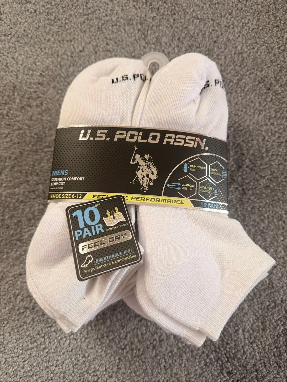 U.S. Polo Assn. Men’s 10-Pack Low Cut Performance Socks White Size 6–12